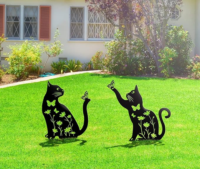 Metal Cat Garden Decor for Outside,15" Metal Kitty Decorative Garden Stakes, Black Cat Silhouette Yard Decorations Outdoor Lawn Ornament Yard Art, Rust Proof Steel Kitten Decor for Kitty Lovers