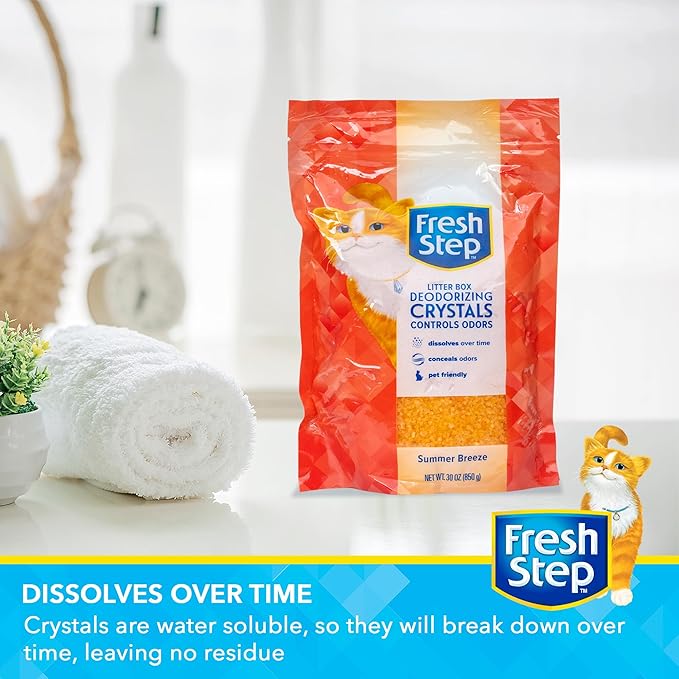 Fresh Step Cat Litter Crystals Deodorizer, Non Toxic Odor Neutralizing Crystals for Litter Boxes that Help Control Smells and Keep Home Areas Fresh, Resealable Bag, Summer Breeze Scent, 30 Ounce