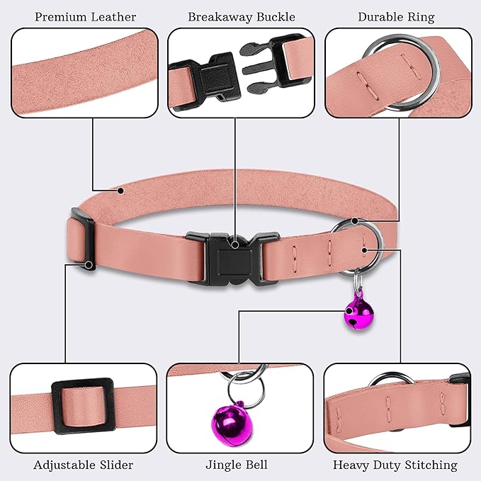 Breakaway Cat Collar with Bell - Leather Adjustable Kitten Collars with Safety Quick Release Buckle - Soft Small Pet Collars for Girl & Boy Cats (Rose)