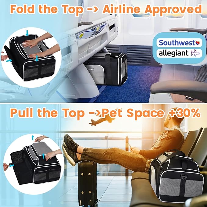 Petskd Top and Side Expandable Pet Carrier 19x13x9 Inches Southwest Allegiant Airlines Approved, Soft-Sided Carrier for Small Dog Under 12 lbs and Large Cat Under 15 lbs(Black)