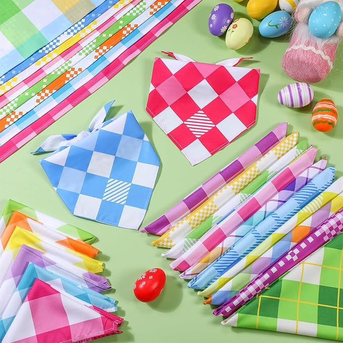 Sweetude 60 Pcs Easter Plaid Dog Bandanas Bulk Easter Pet Scarf Bibs Adjustable Washable Kerchief Holiday Pet Costume Accessories Grooming Supplies for Small to Large Cats Dogs