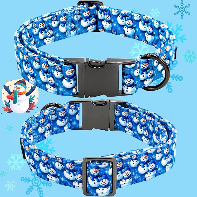 Christmas Dog Collar, Cotton Winter Dog Collars with Bow Cute Blue Snowman Pet Collar Removable Blue White Winter Pet Collars with Metal Buckle for X-Small Girl and Boy Dogs