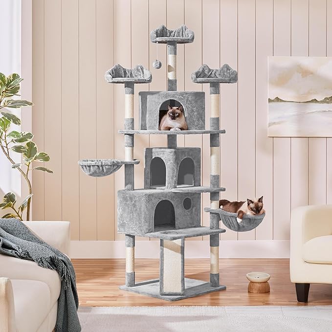 Yaheetech 76.5in Multi-Level Large Cat Tree, Big Cat Tower with 3 Condos, Cozy Plush Perches, 9 Sisal Scratching Posts and Ladder, Activity Center for Large Kitties, Light Gray