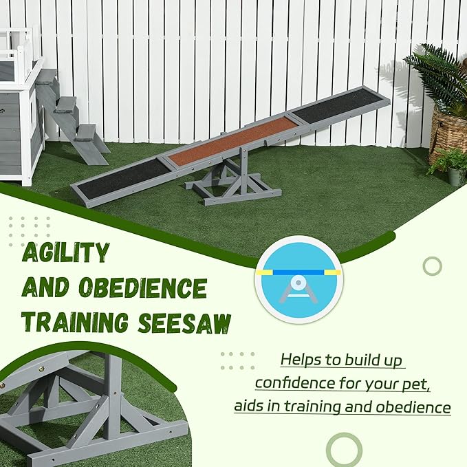 PawHut Wooden Dog Agility Seesaw for Training and Exercise, Platform Equipment Run Game Toy, Weather Resistant Pet Supplies, 71" L x 12" W x 12" H, Gray