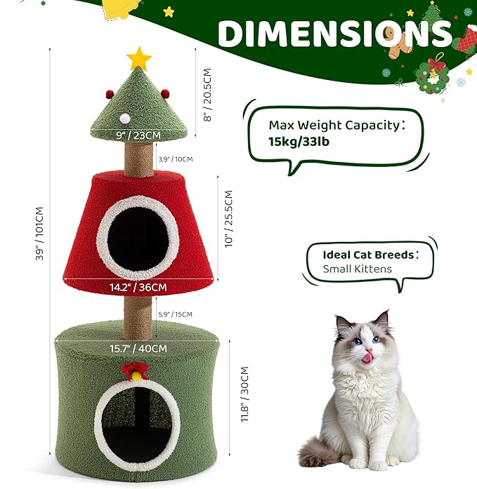COSIEST 40in Tall Christmas Cat Tree Tower for Cats, Multi-Level Cat Tree House with Sisal Scratching Posts, Unique Kitty Condo & Kittens Play Activity Center for Christmas Decor, Red & Green