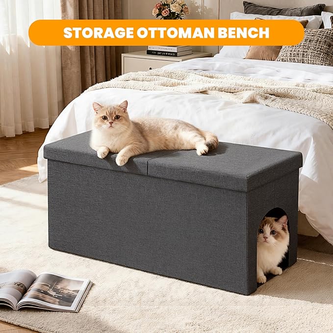 3-in-1 Cat Litter Box Enclosure with Odor Control, Multi-Functional Hidden Litter Box Furniture Bench, Dog Proof, Space-Saving Ottoman Cabinet with Flip-Up Lid, Storage Footrest, Dark Grey