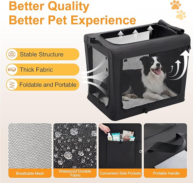 Dog Travel Crate 36 Inch, Portable Soft-Sided Travel Carriers for Dogs and Cats, Foldable Pet Kennel with 3-Doors Mesh Windows Indoor & Outdoor, Black