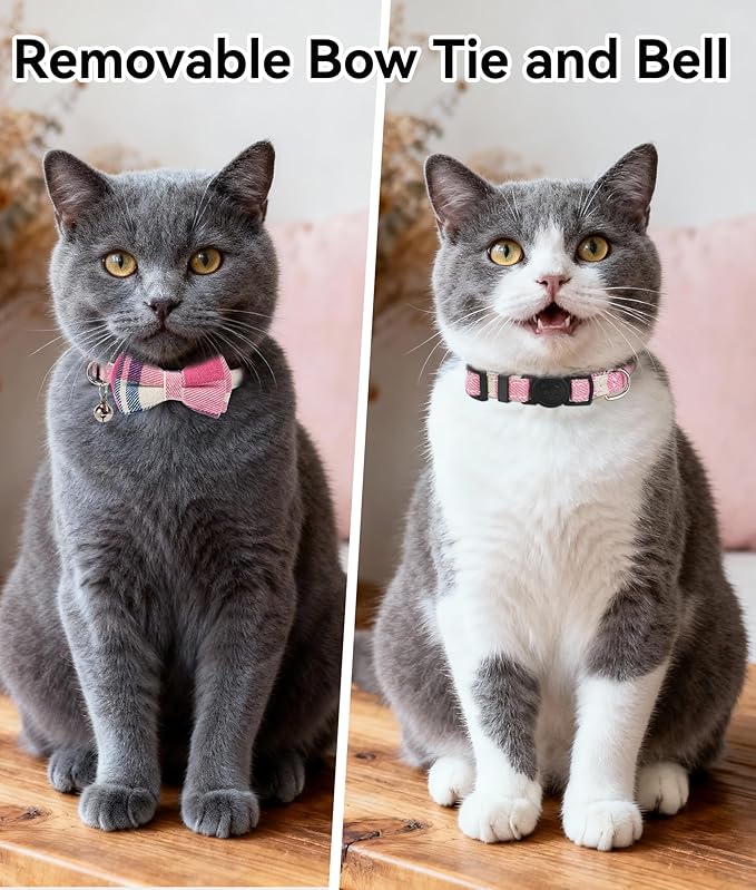 Joytale Upgraded Cat Collar with Bells, Breakaway Cat Collars with Bow Tie, 1 Pack Girl Boy Safety Plaid Kitten Collars, Pink