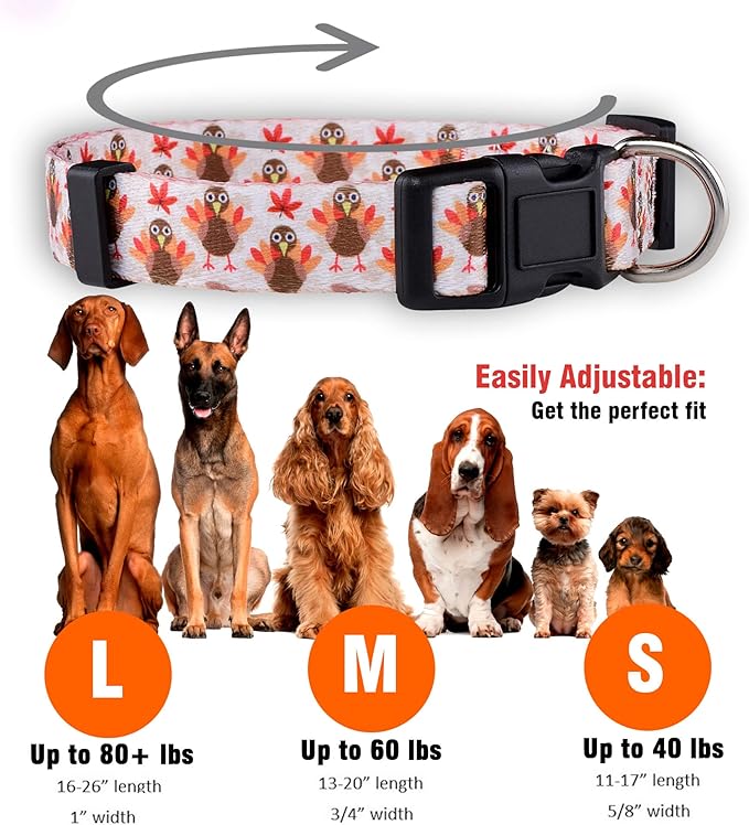 Native Pup Thanksgiving Dog Collar- Fall Collars for Dogs- Autumn Leaf, Turkey, Pumpkin Pie, Holiday Leaves- Girl Boy Puppy- Adjustable for Small, Medium, Large Breeds (Turkey, Large)