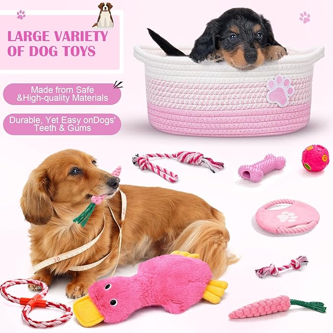 Zopeal Puppy Dog Toy Gift Storage Basket with Dog Toys Set Chew Toys Birthday Gift Basket Teething Interactive Squeaky Duck for Teething Small Medium Large Dogs(Pink)