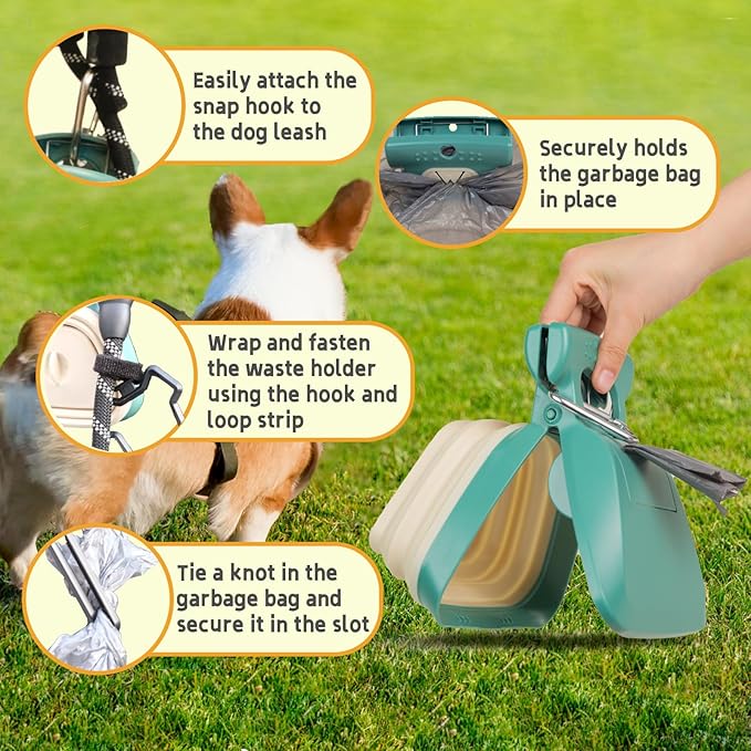Large Pooper Scooper, Portable and Handheld Size for Walking Large and Small Dogs Outside Yard or Travel Outdoors, Pup Poop Scoop with Container and 30pcs Pet Waste Bag Attachment