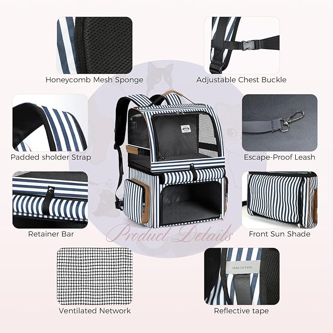 Lekebobor Double Cat Backpack Carrier for 2 Cats, Double-Compartment Pet Carrier Backpack for 2 Small Cat or One Medium Cat, Cats Carrier Backpack Dog Carrier Backpack Fits Up to 24 Lbs,Blue Striped
