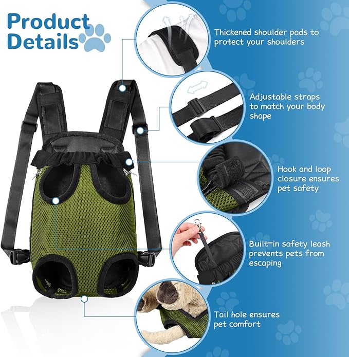 YUDODO Pet Dog Carrier Backpack Adjustable Dog Front Carrier, Legs Out Easy-Fit Dog Travel Backpack Carrier for Hiking Camping for Small Medium Dogs Cats and Rabbits (Small (Pack of 1), Army Green)