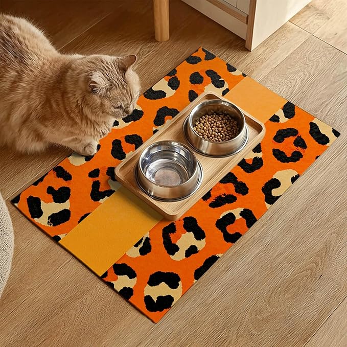 Puppy Feeding Mat 20x12 inch Orange Leopard Print Dog Bowl Placemat Non Slip Mat for Pet Food and Water Small Dog Food Area Indoor Puppy Feeding Station Pet Meal Mats for Kitchen