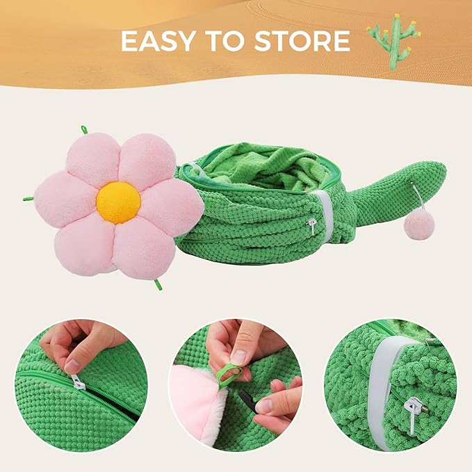 PEQULTI Cat Tunnel with Bed for Indoor Cats, Cat Play Donut Tunnel with Washable Soft Plush Flower Mat, Round Tube Toys Cute Tube for Kittens, Puppies, Rabbits and Ferrets, Green&Pink