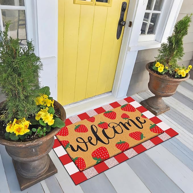 Tinideya 2 Pcs Strawberry Door Mat Fruit Pattern Design Welcome Non Slip Coir Mats Red and White Plaid Floor Layering Doormats Seasonal for Front Porch Entryway Decor(Strawberry)