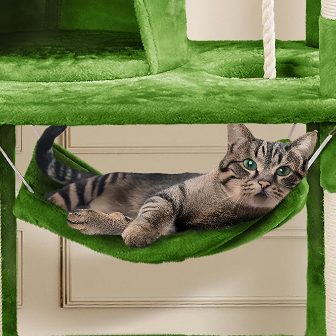 Topeakmart 62.2 inches Cat Tree with Double Condos, Cat Tower with Scratching Posts & Hammock & Foam-Padded Perches, Kitty Activity Tree Center Kitten Play House, Green