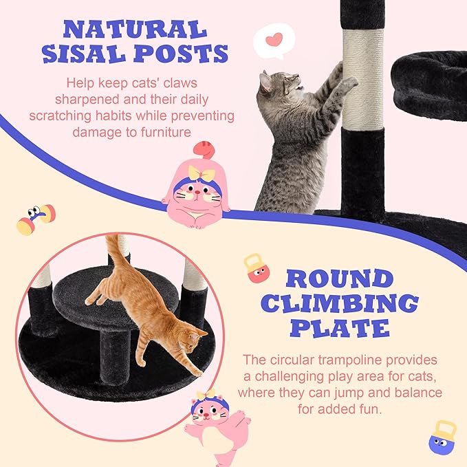 Allewie 55.5 in Cat Tree for Indoor Kitties/Soft Plush Perches/Multi-Level Cat Tower/Sisal Scratching Posts/Crescent Plates/Round Jumping Board/Hanging Ball/Pet Activity Center/Dark Grey