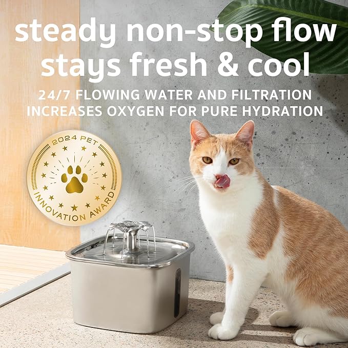 Veken Innovation Award Winner Stainless Steel Cat Water Fountain, 95oz/2.8L Automatic Pet Fountain Dog Water Dispenser with Replacement Filters & Silicone Mat, Gifts for Cats, Dogs (Silver)