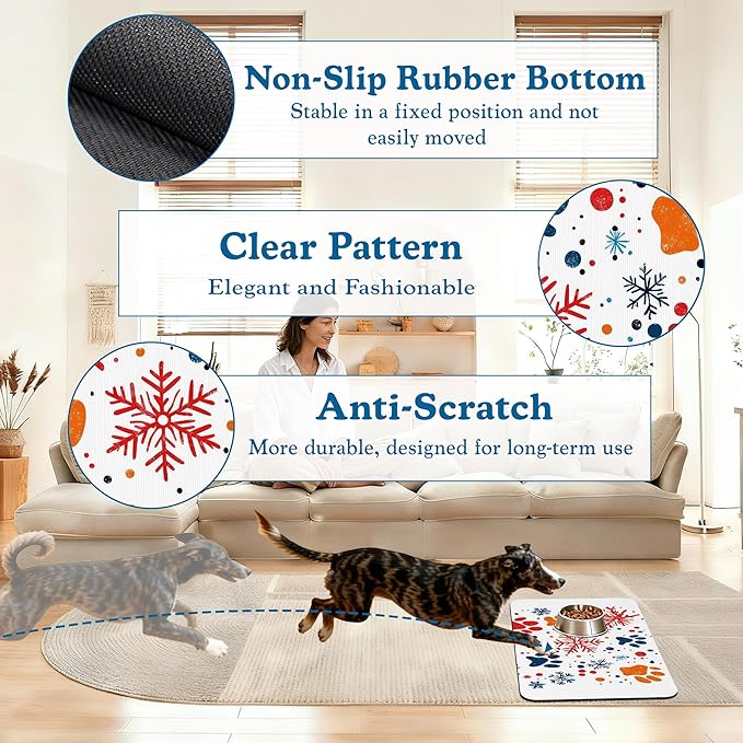 Chirstmas Snowflake Paw Pet Food Mat for Cats and Dogs–Absorbent Quick Dry Feeding Placemat, Non Slip Rubber Base, Waterproof Bowl Mat for Indoor Use, Pet Supplies 16"x24"