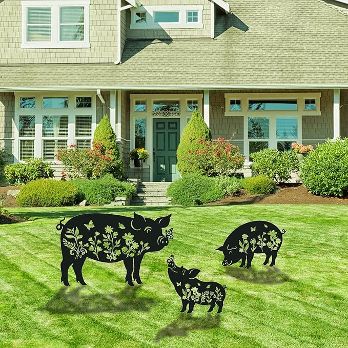 Pig Metal Garden Stakes Yard Decor, 3PCS Pig and Butterfly Silhouette Outdoor Garden Decor for Yard Art, Patio, Outside, Lawn Ornaments