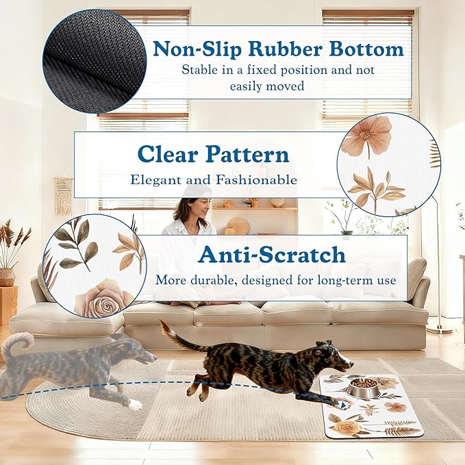 Floral Palm Leaves Dog Cat Food Mat–Christmas Stocking Absorbent Waterproof Placemat for Food and Water Bowls, Non Slip Rubber Backing, Feeding Mat for Clean Floors 12"x20"