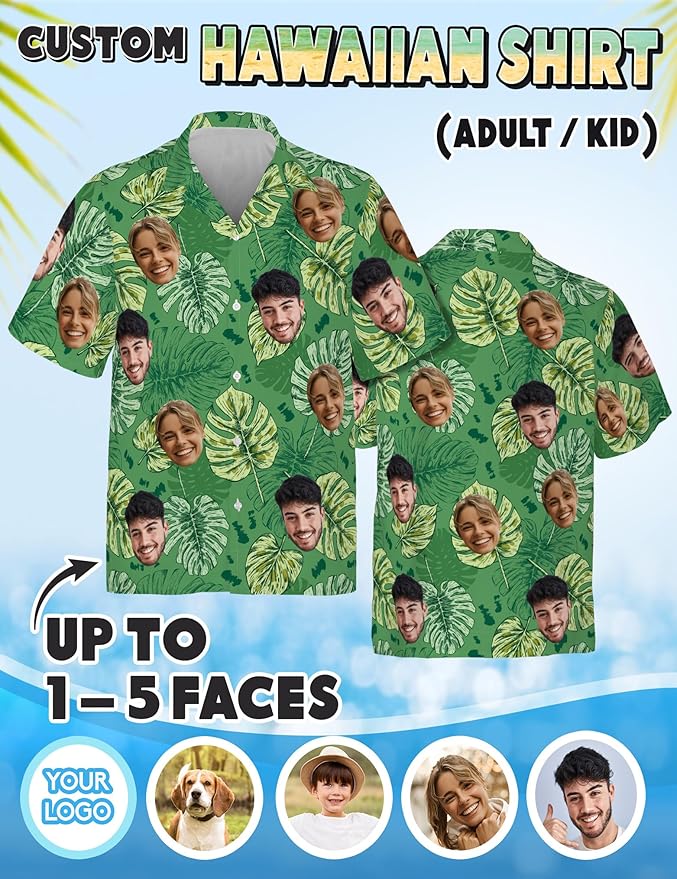 Custom Hawaiian Shirt with Face Photo Picture for Men Women Kids Youth Adult, Tropical Personalized Hawaiian Shirts Gift