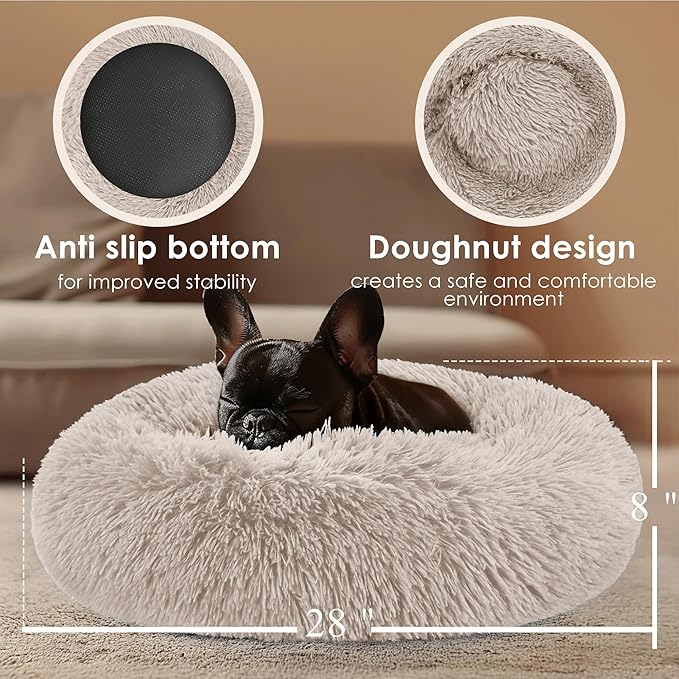28in Large Dog Bed, Medium Size Dog and Cats, Calming Donut Bed for Puppy and Kitten, Washable Round Fluffy Pet Bed (Brown)