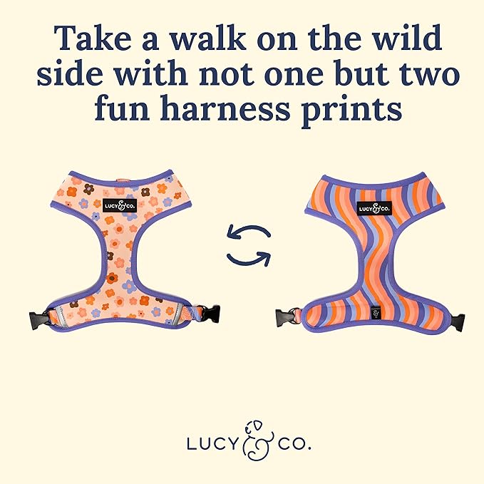 Lucy & Co. Purple with Coral Floral Wave, Cute Reversible Dog Harness Walking Halter - Best Designer Pet Harnesses for XS - XL Dogs - Padded Adjustable Vest for Easy Walking (X-Small)