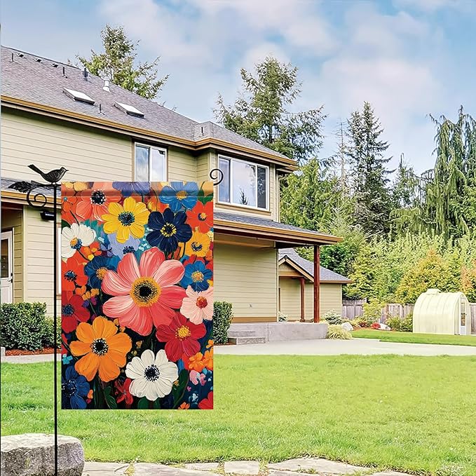 Garden Flag Colorful Flower Field Oil Painting Style Yard Welcome Banner Double Sided Spring Summer Outdoor Decoration for Lawn Patio Artistic Floral Seasonal Garden Decor 12 x 18 Inch