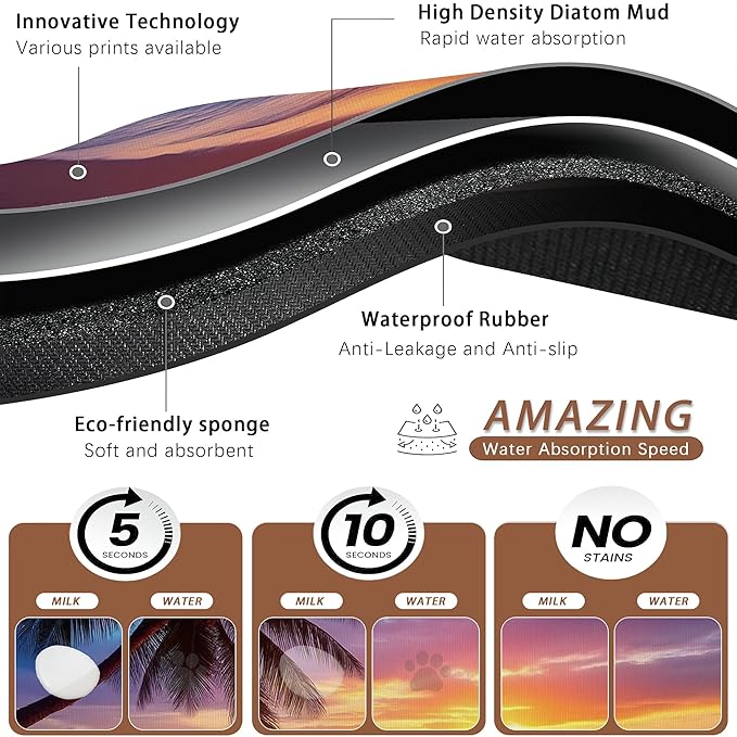 Tropical Palm Pet Feeding Mat,Sunset Trees Sea Beach Absorbent Quick-Dry Cat Dog Food and Water Bowl Mats, Non-Slip Rubber Backing Mat, Cat Dog Accessories Supplies 12"x20"