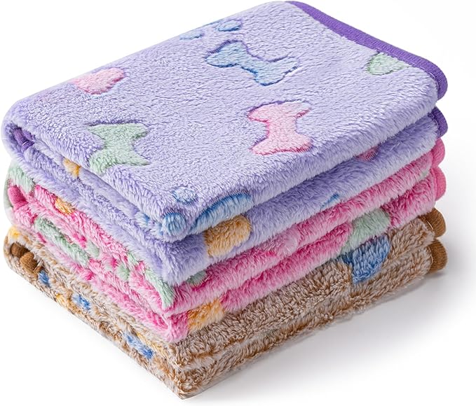 1 Pack 3 Blankets Super Soft Fluffy Premium Fleece Pet Blanket Flannel Paw Printed Throw for Dog Puppy Cat(Large 41x31'', Purple, Pink, Brown)
