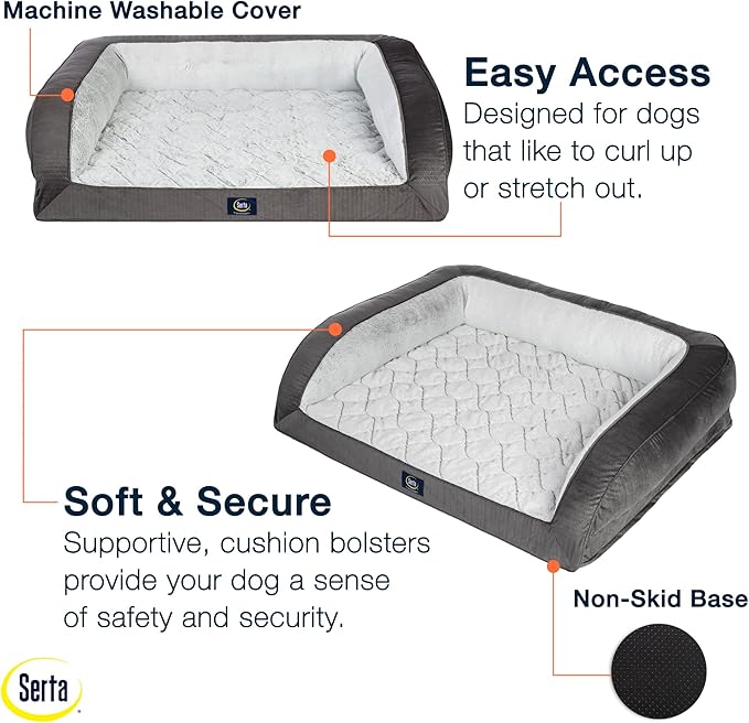 Serta Orthopedic Quilted Couch Dog Bed for Pets – Slate Gray (Large)