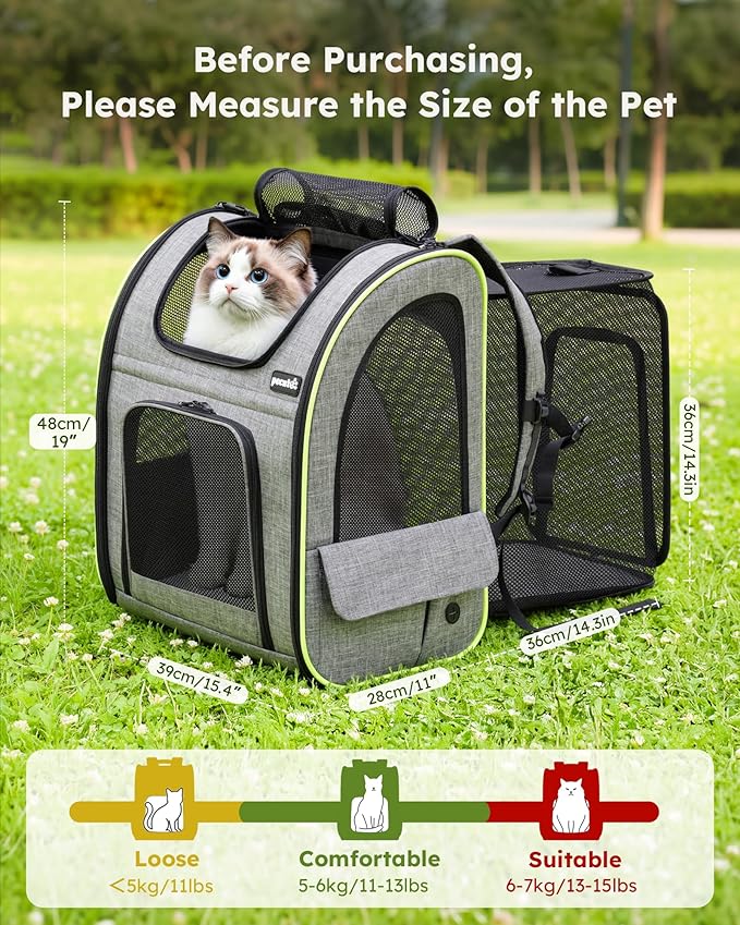 Pecute Cat Backpack Carrier XL, Expandable Pet Backpack for Cats & Small Dogs Up to 15lbs, with 4-Side Breathable Mesh, Multi-Entry & Lockable Zippers for Travel, Hiking, Camping - Hands Free, Gray