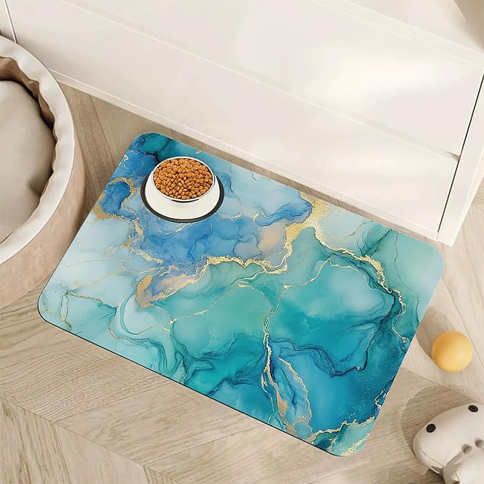 Marble Dog Cat Food Mat,Blue Teal Turquoise Gold Absorbent Pet Feeding Mat with Rubber Backing,Non-Slip Water Bowl Placemat,Indoor Pet Accessories Supplies 16"x24"