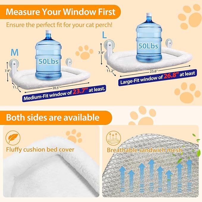 L&W BROS. 2PC Cat Window Perch Cushion Bed Cat Hammock with 4 Updated Suction Cups Easy to Assemble Window Bed for Heavy Large Cats (M 2Pc)