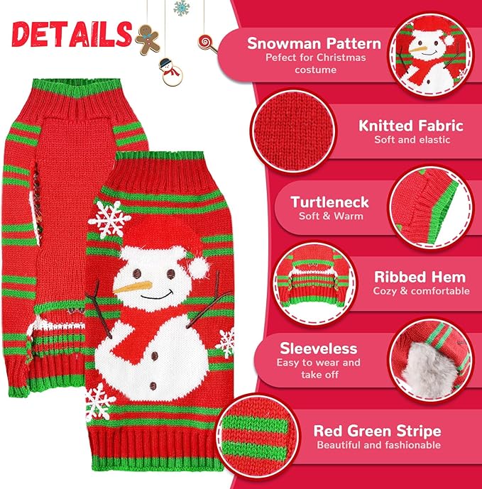 Dog Christmas Sweater Cute Snowman Puppy Cat Costume Boy Girls Xmas Holiday Pet Clothes New Year Outfits Gifts for Small Medium Large Dogs (M, Red Green Stripe Snowman)