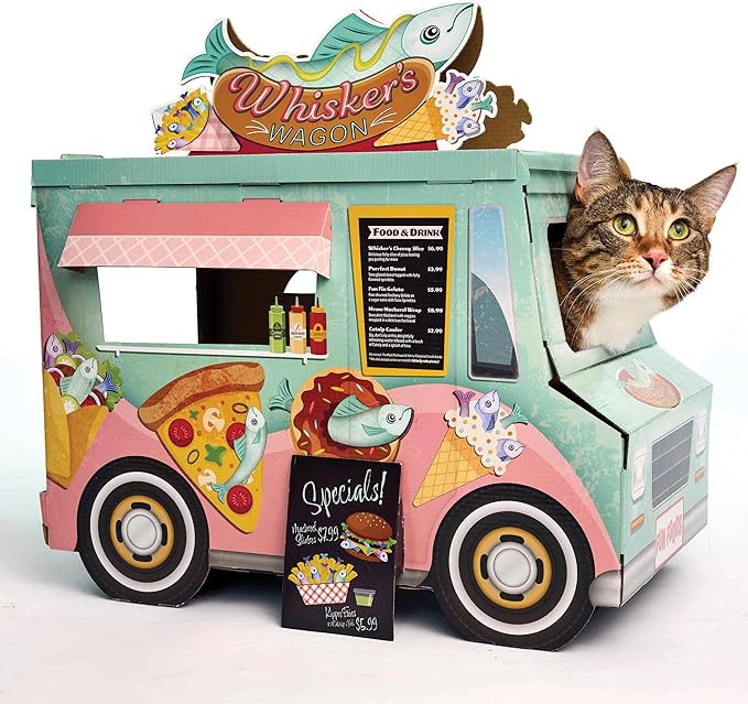 HappyCat Whisker’s Wagon Cat Scratcher House - Vintage Cardboard Cat Playhouse with Scratch Panels & Spacious Hideaway. Cute Pet Toys - Durable Activity Center for Indoor Cats