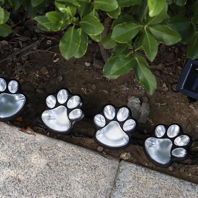 Animal Paw Print Solar Lights Outdoor Garden Decor, 4 Pack Paw Print Lights with Cord, IP55 Waterproof Yard Pathway Decor Light, Cold White Color Light, New Home Birthday Christmas Gift