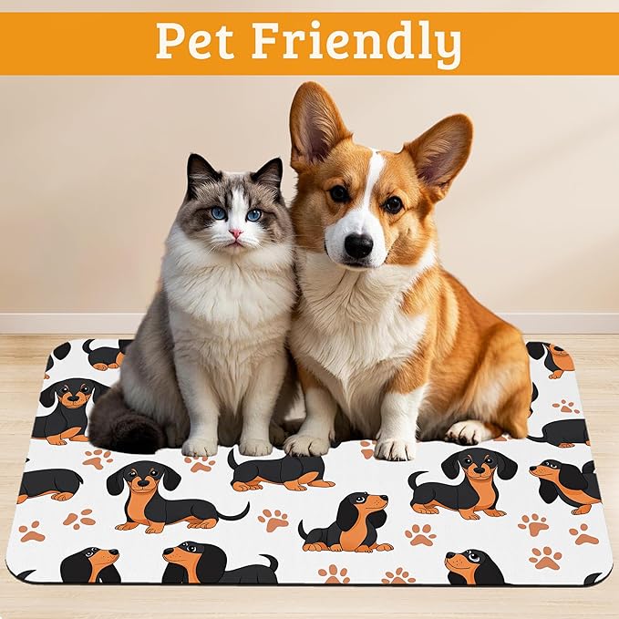 Dog Bowl Mat,Dog Dachshund Pet Feeding Mat for Floors Waterproof, Grey Paws Absorbent Dogs Placemat for Food and Water Quick Dry Pet Cat Feeding Mats with Non Slip Bottom 12" x 20"