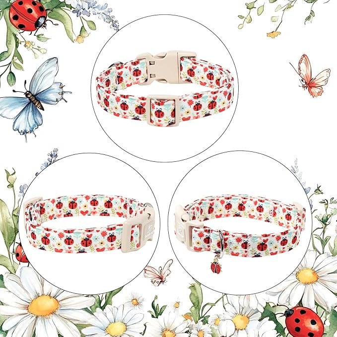 Ladybug Dog Collar for Small Dogs - Cute Spring/Summer Dog Collar, Lightweight Adjustable Cartoon Love Bug Garden Mom Dogs Collars with Quick Release Buckle S