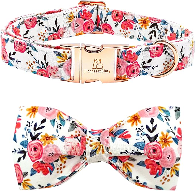 Lionheart glory Dog Collar Bow Collar Floral Dog Collar with Bow Tie Spring Summer Cute Collar Dog Boy or Girl Dog Collars Soft Durable Adjustable Dog Collars for Small Dogs