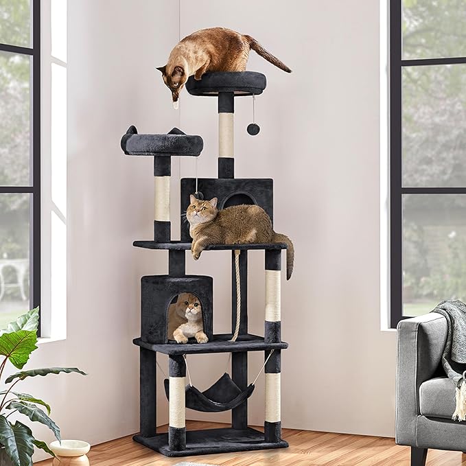 Yaheetech Cat Tree, 70.5in Climbing Tower for Indoor Cats, Multi-Level Kitten Condo with Scratching Post, Pet Activity Center w/Plush Perches & Hammock & Dangling Ball, Black