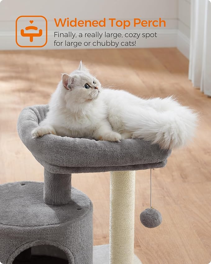 Feandrea Cat Tree, Small Cat Tower with Sisal Scratching Post, Plush Condo with Padded Perch, for Small Spaces, Kittens, Light Gray UPCT50W