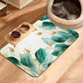Green Plam Dog Cat Food Mat,Tropical Leaves Absorbent Waterproof Placemat for Food and Water Non Slip Rubber Backing Durable Feeding Pad for Clean Floors 16" x 24"