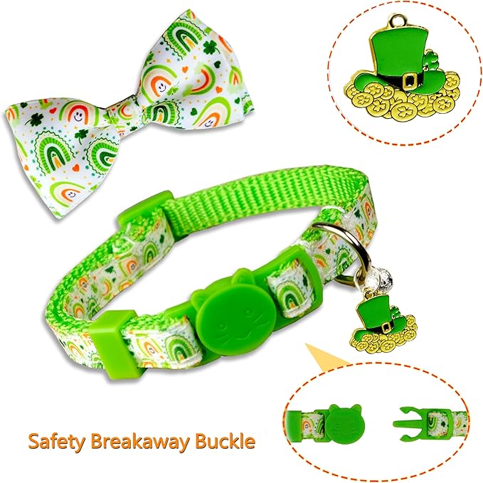 2 Pack St. Patrick's Day Cat Collars with Bow Tie and Charms, Adjustable Breakaway Shamrock and Clover Collars for Cats and Kittens, Holiday Festive Design for Boys and Girls