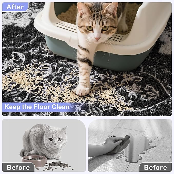 Bienbee Cat Litter Mat, 40" x 30" Jumbo Size Litter Box Mat Rug with Non-Slip Bottom, Urine and Water Proof, Easy to Clean Cat Supplies Essentials for Indoor Kitty Kitten Floor, Black XL