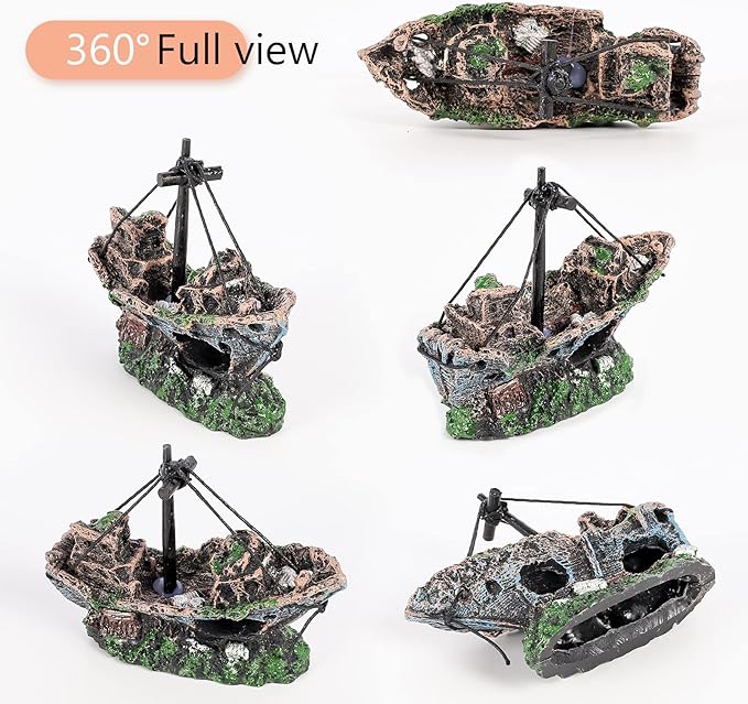 Raeasily Fish Tank Decoration Aquarium Accessories,Shipwreck Decor,Resin Material Sunken Ship Decorations for Fish Favors, Multi, 10 * 10