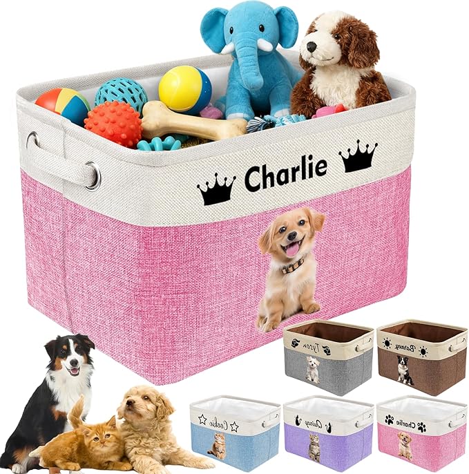 Personalized Dog Cat Toy Storage Basket with Photo & Name, Custom Collapsible Pet Organizer Bin with Handles for Toys, Clothes, Blankets & Pet Supplies