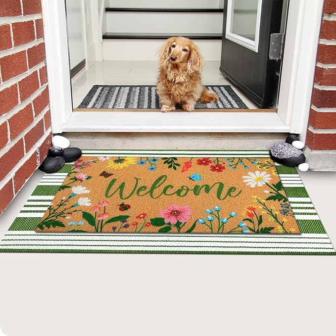 Tinideya 2 Pcs Spring Welcome Door Mat Floral Outdoor Layered Doormats for Front Door Non Slip Wildflower Coir Floor Mat Green White Stripe Rugs for Outside Front Porch Entryway Decor